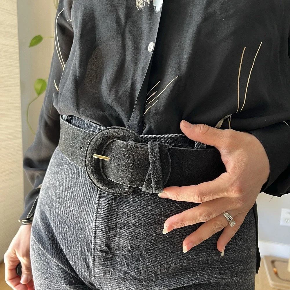 Vintage Black Genuine Leather Belt Wide Oval Buckle Taiwan ROC Small